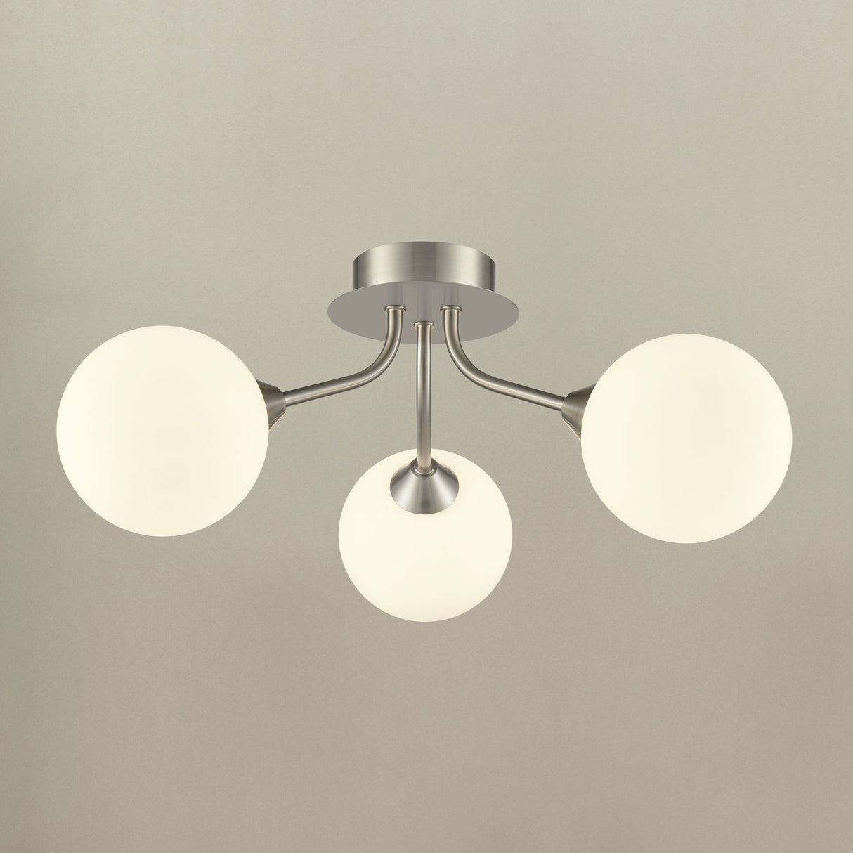 Franklite Cosmic 3 light fitting in satin nickel with matt opal glass