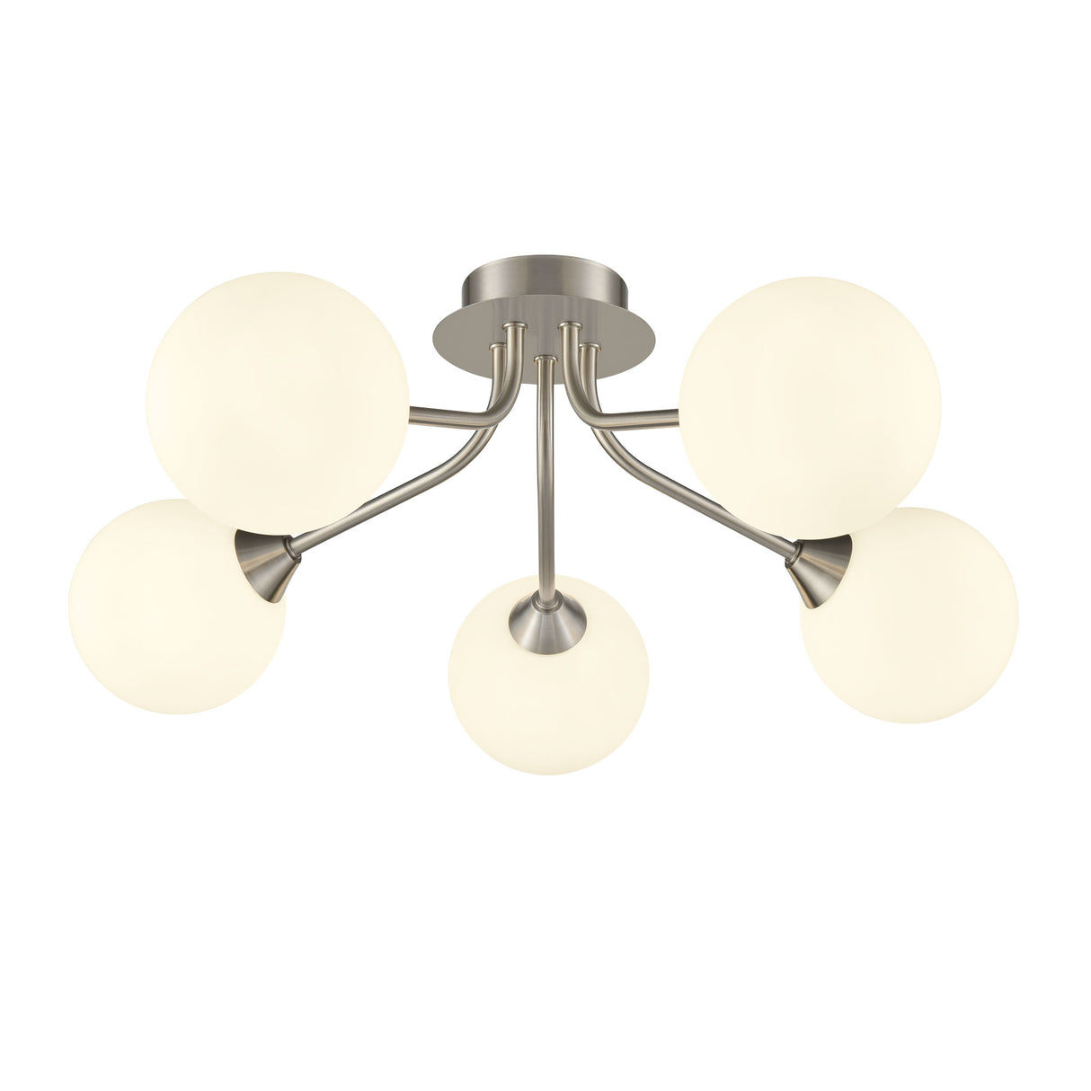 Franklite Cosmic 5 light fitting in satin nickel with matt opal glass