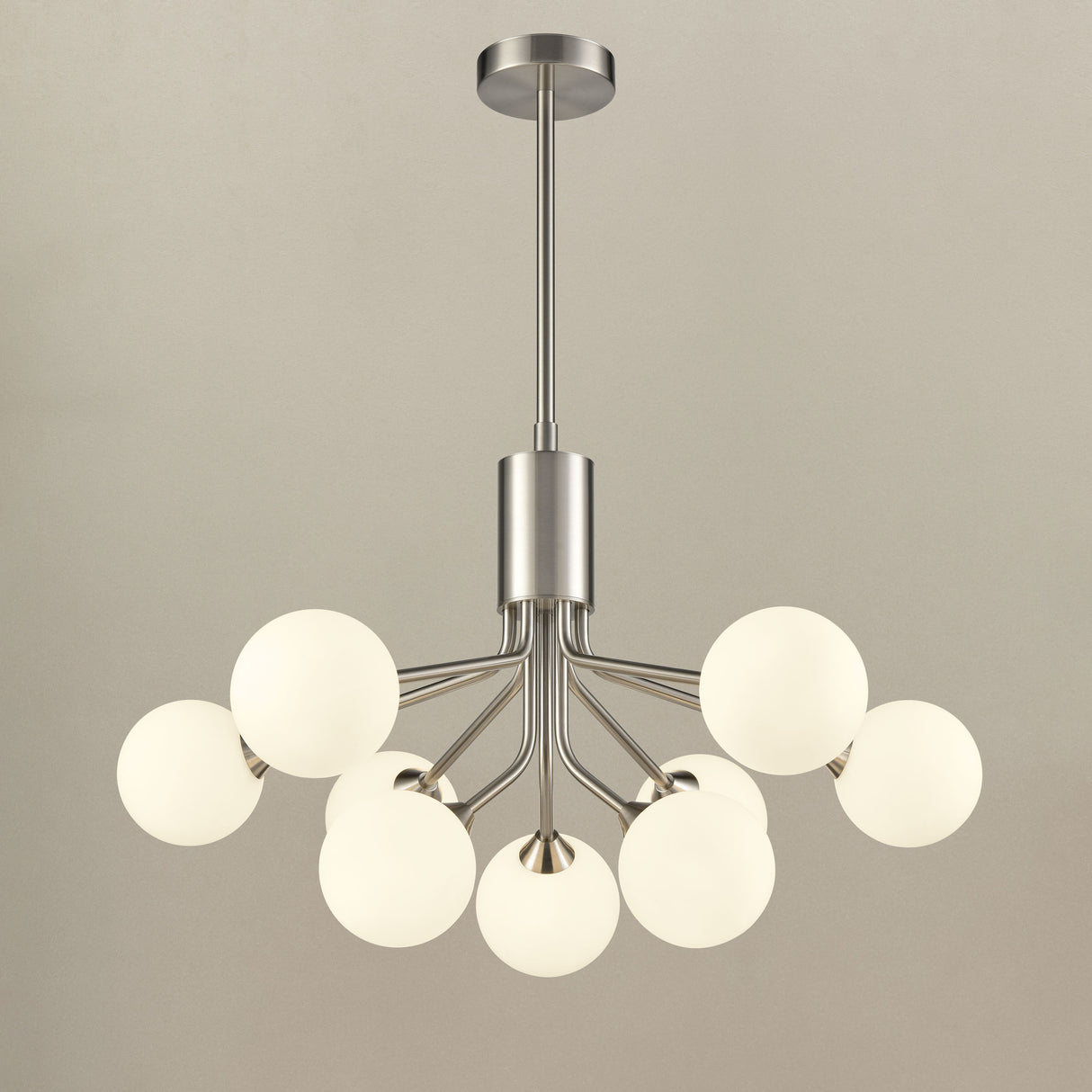 Franklite Cosmic 9 light pendant in satin nickel with matt opal glass