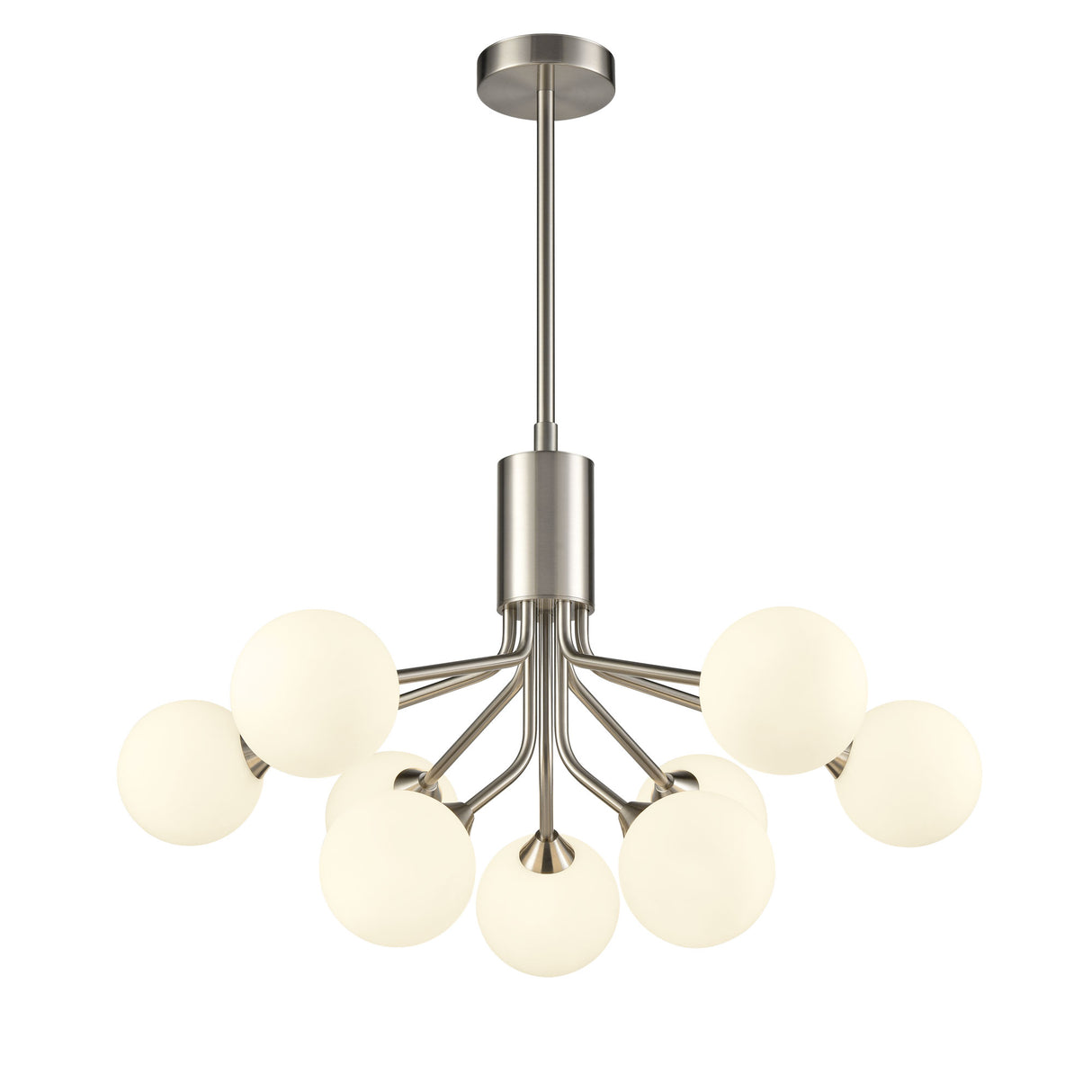 Franklite Cosmic 9 light pendant in satin nickel with matt opal glass
