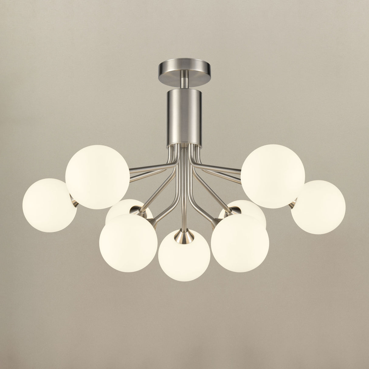 Franklite Cosmic 9 light pendant in satin nickel with matt opal glass