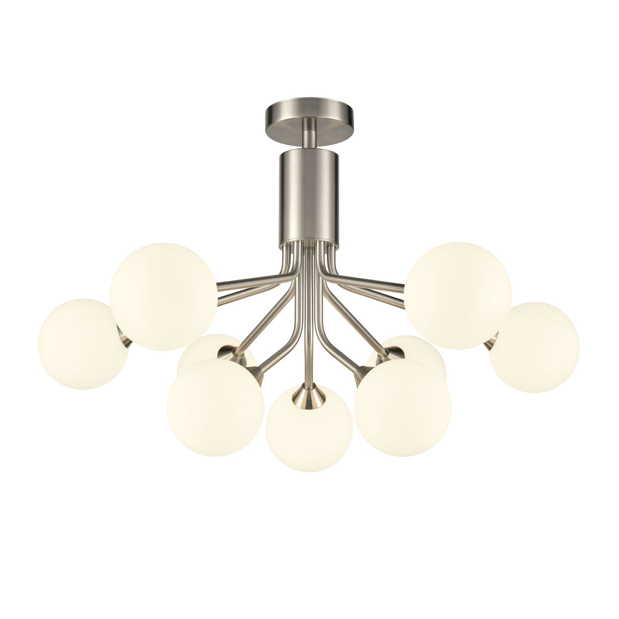 Franklite Cosmic 9 light pendant in satin nickel with matt opal glass