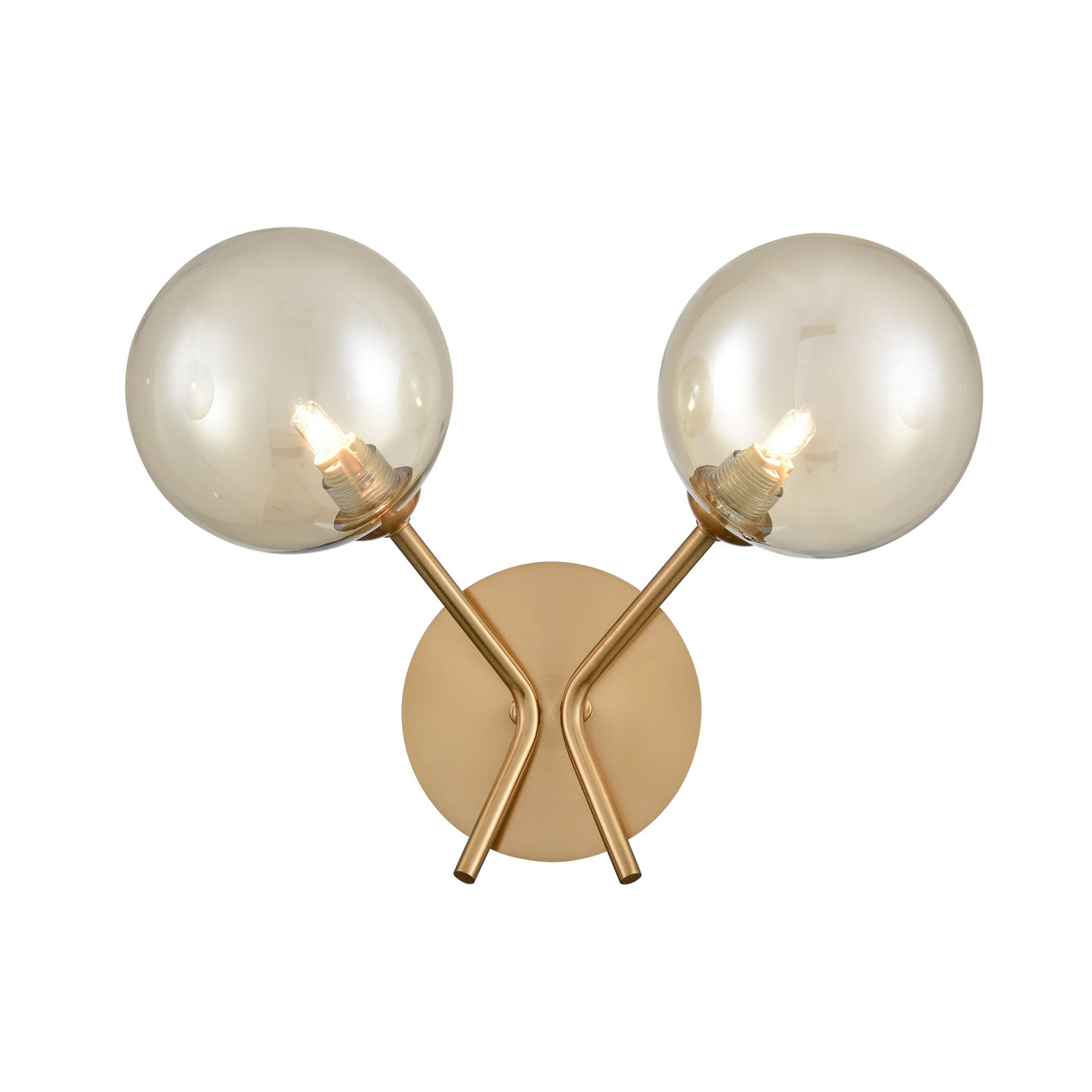 Franklite Cosmic Twin Wall Light in antique gold with amber glass