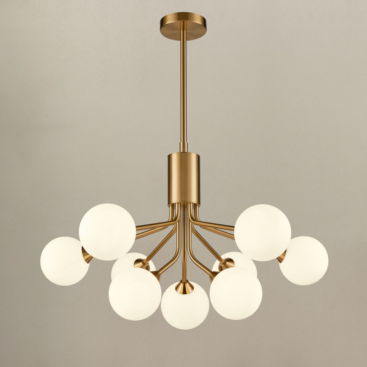 Franklite Cosmic 9 light pendant in antique gold with matt opal glass