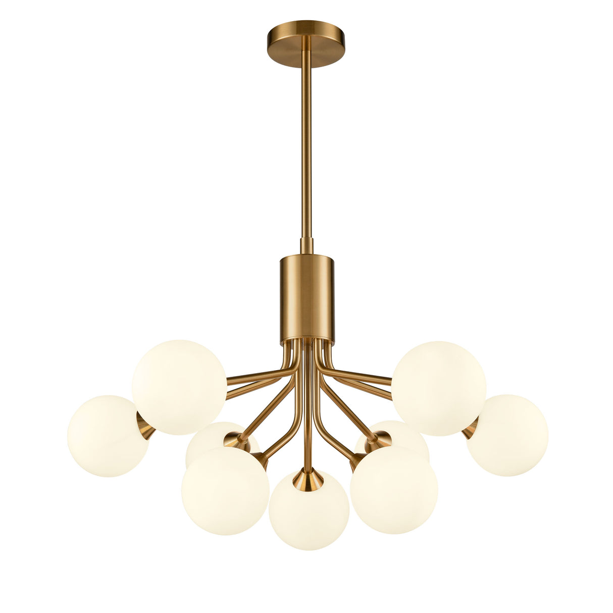 Franklite Cosmic 9 light pendant in antique gold with matt opal glass