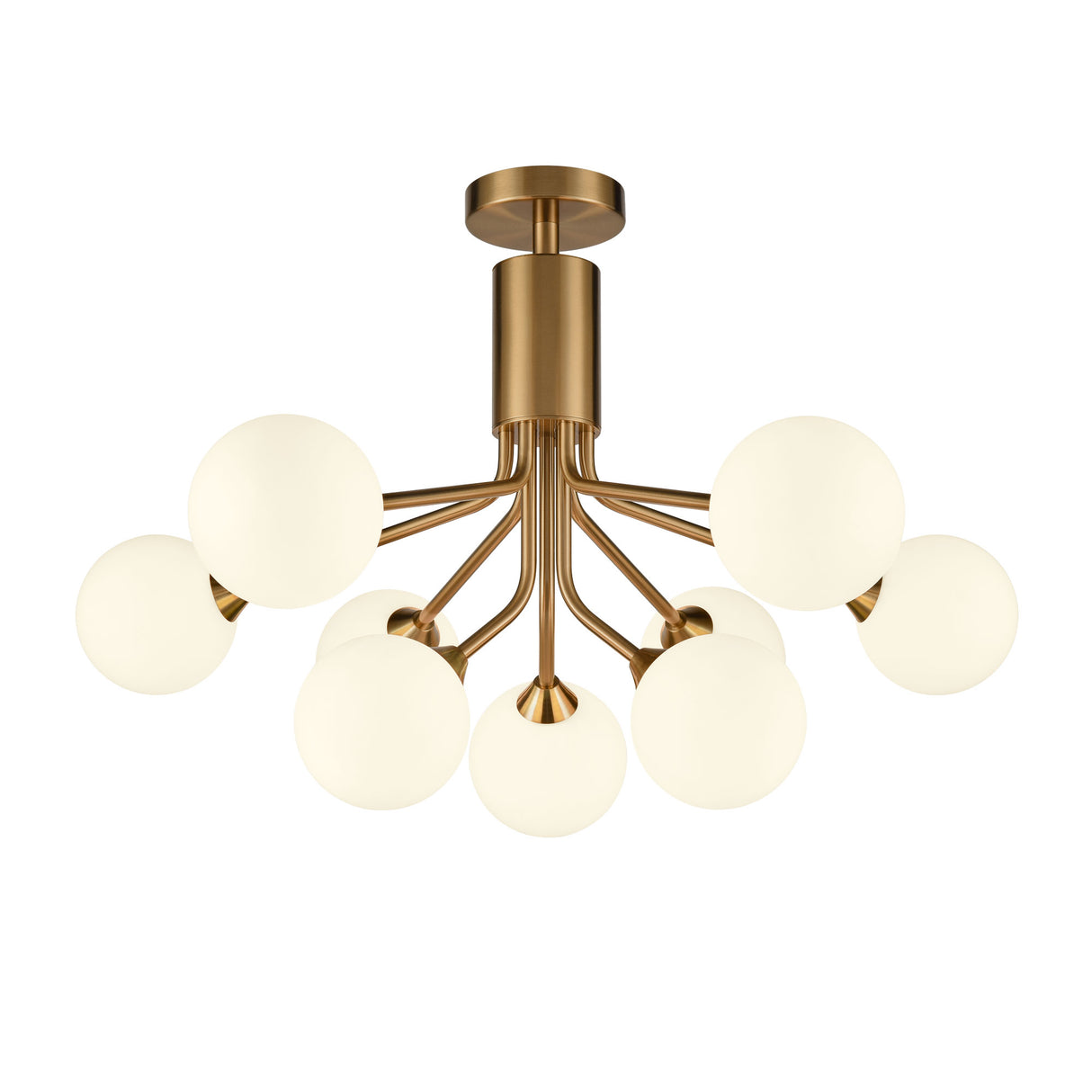 Franklite Cosmic 9 light pendant in antique gold with matt opal glass