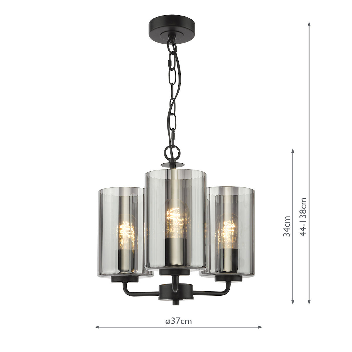 Dar Daylin 3 Light Pendant Satin Black and Smoked Ribbed Glass