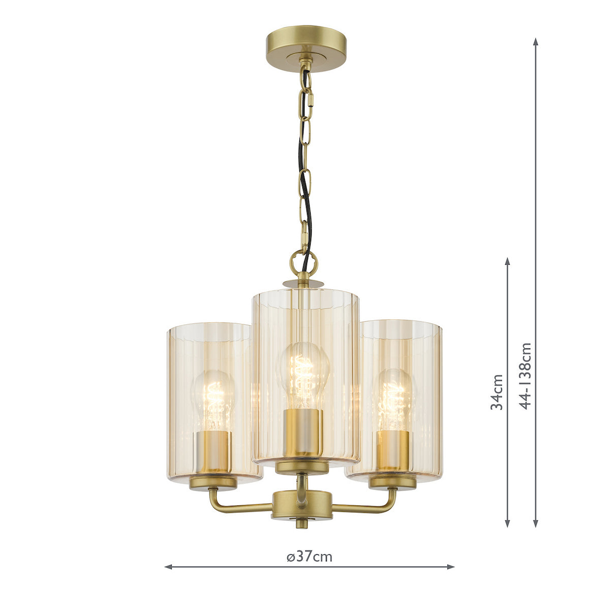 Dar Daylin 3 Light Pendant Satin Gold and Amber Ribbed Glass