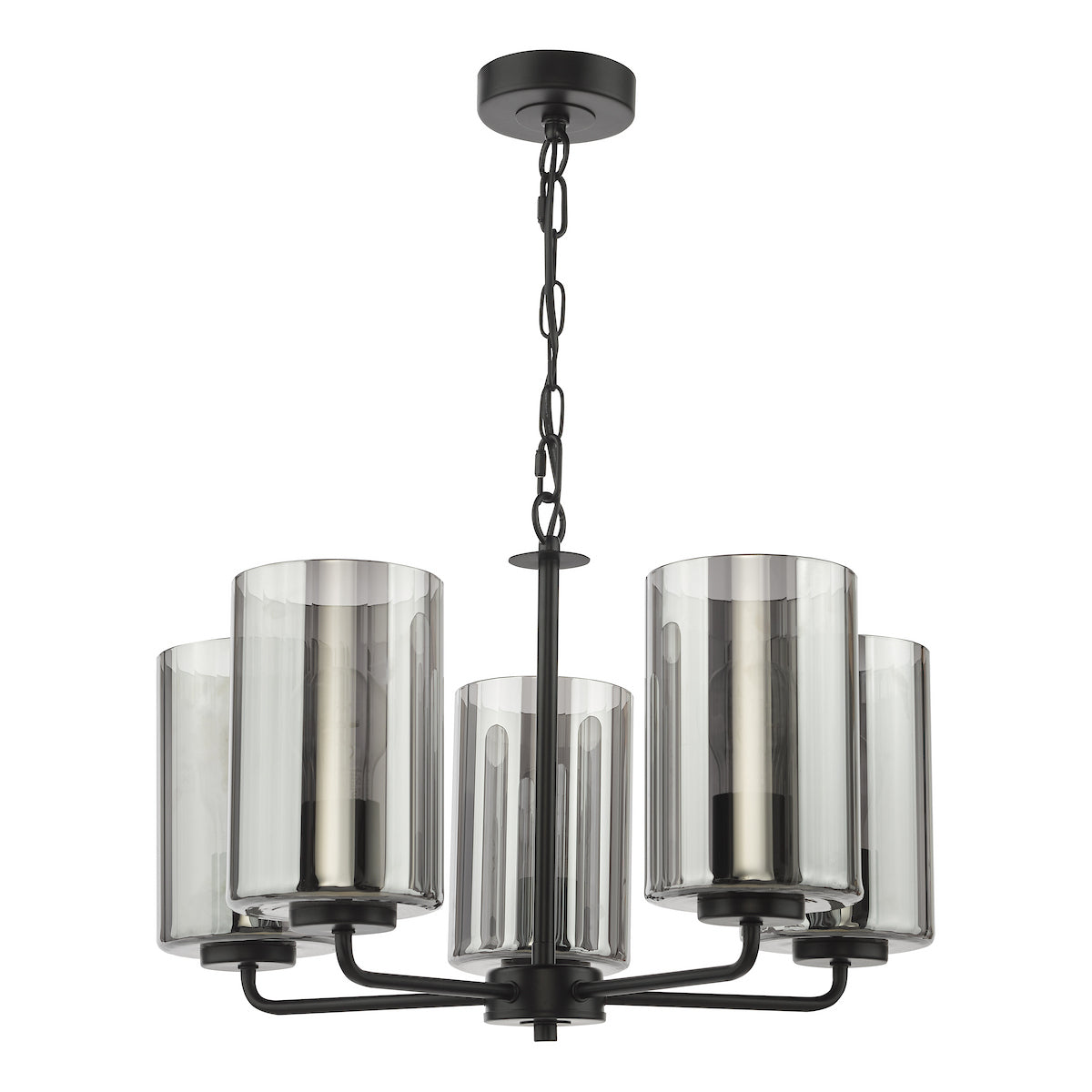 Dar Daylin 5 Light Pendant Satin Black and Smoked Ribbed Glass