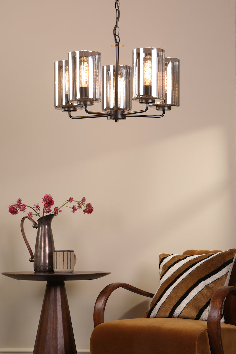 Dar Daylin 5 Light Pendant Satin Black and Smoked Ribbed Glass