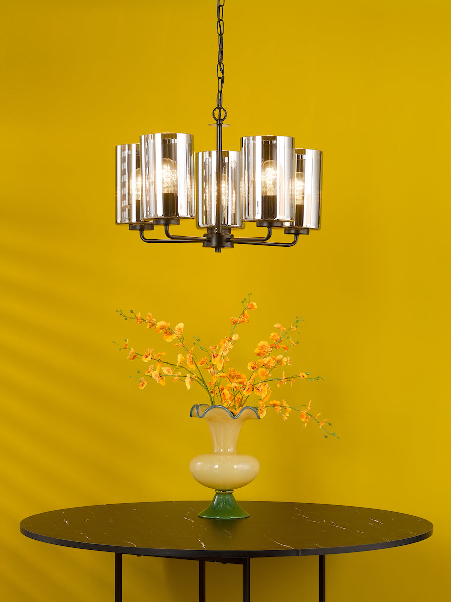 Dar Daylin 5 Light Pendant Satin Black and Smoked Ribbed Glass