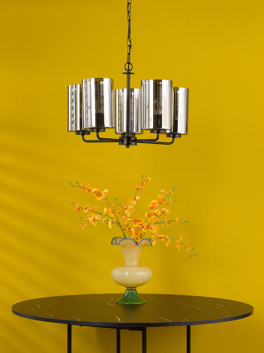 Dar Daylin 5 Light Pendant Satin Black and Smoked Ribbed Glass