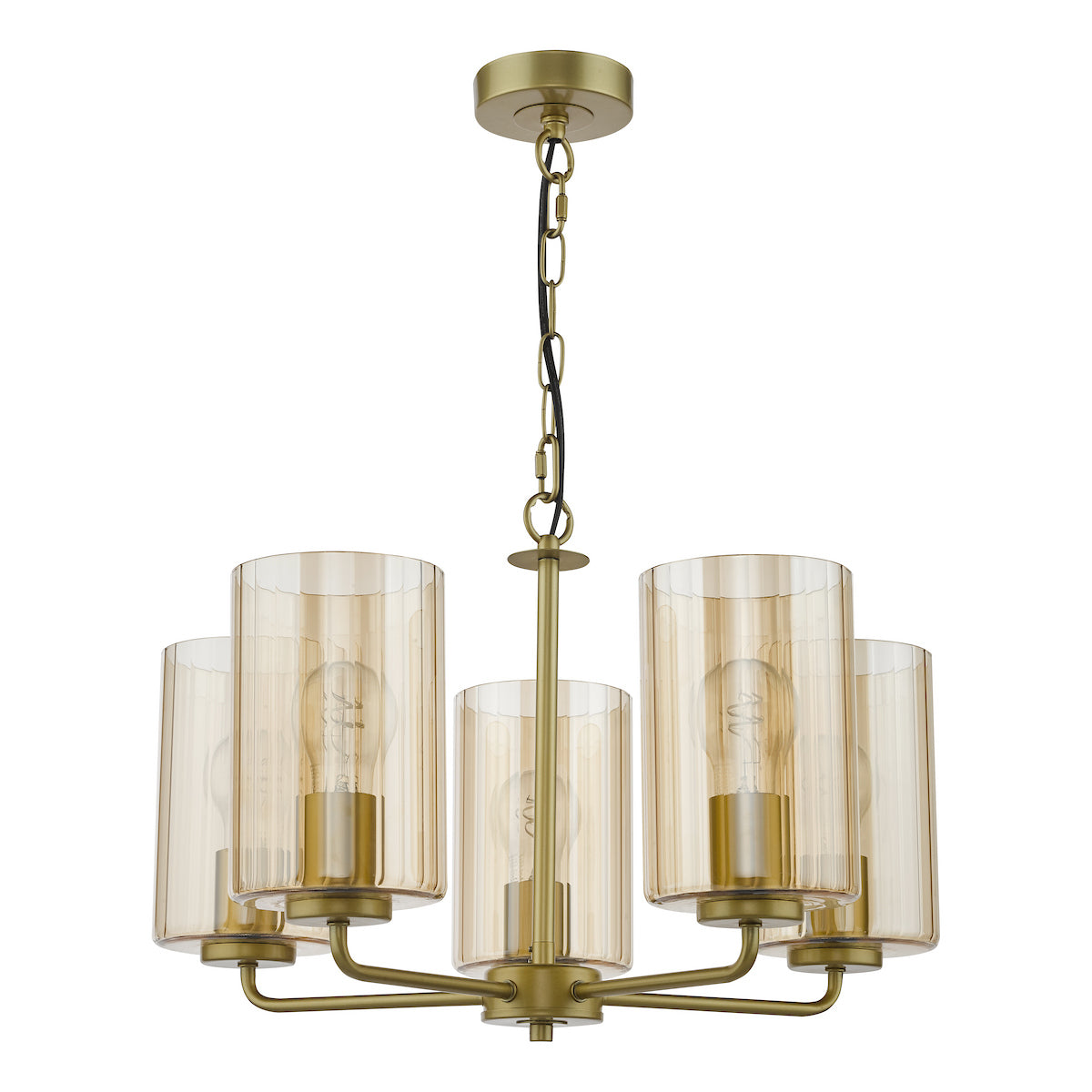 Dar Daylin 5 Light Pendant Satin Gold and Amber Ribbed Glass