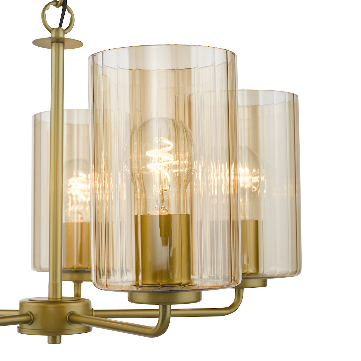 Dar Daylin 5 Light Pendant Satin Gold and Amber Ribbed Glass