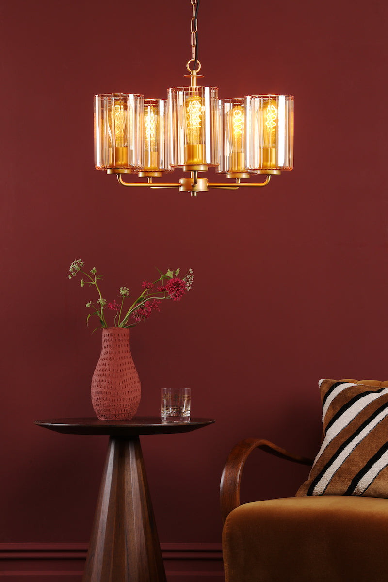 Dar Daylin 5 Light Pendant Satin Gold and Amber Ribbed Glass