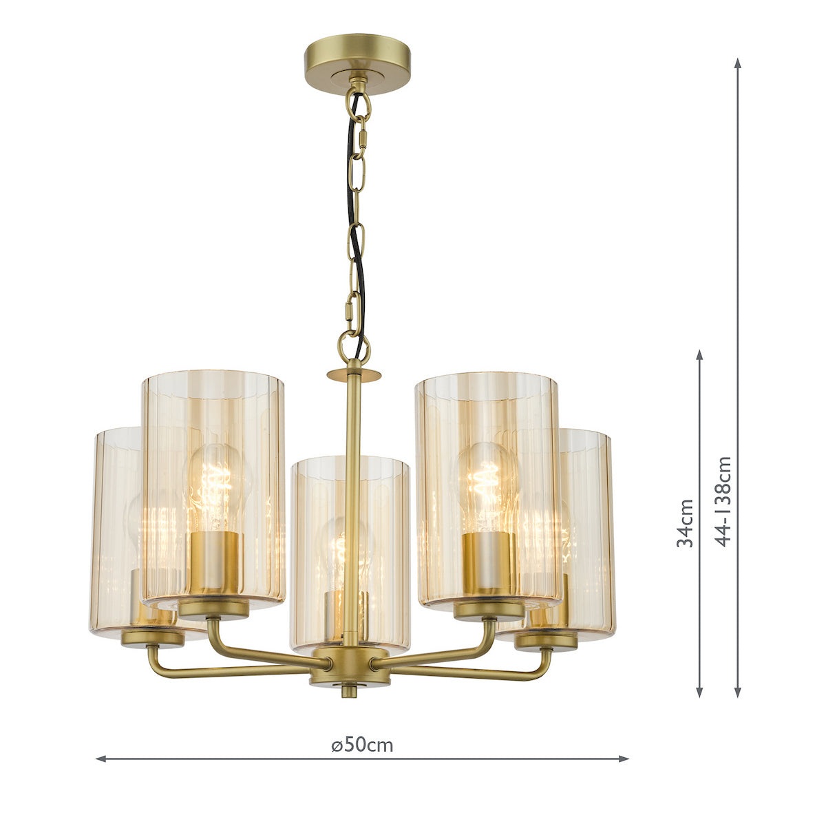 Dar Daylin 5 Light Pendant Satin Gold and Amber Ribbed Glass