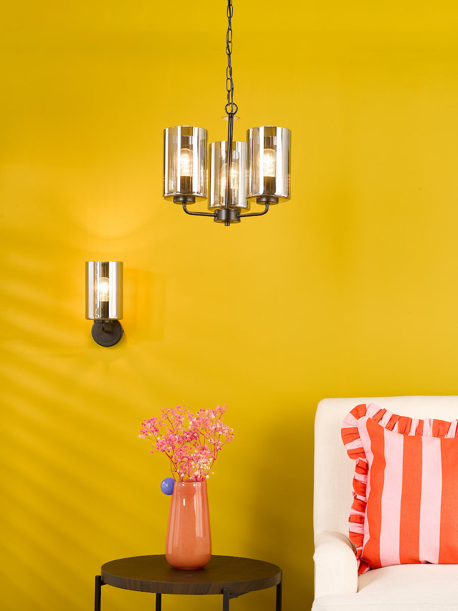 Dar Daylin Wall Light Satin Black and Smoked Ribbed Glass