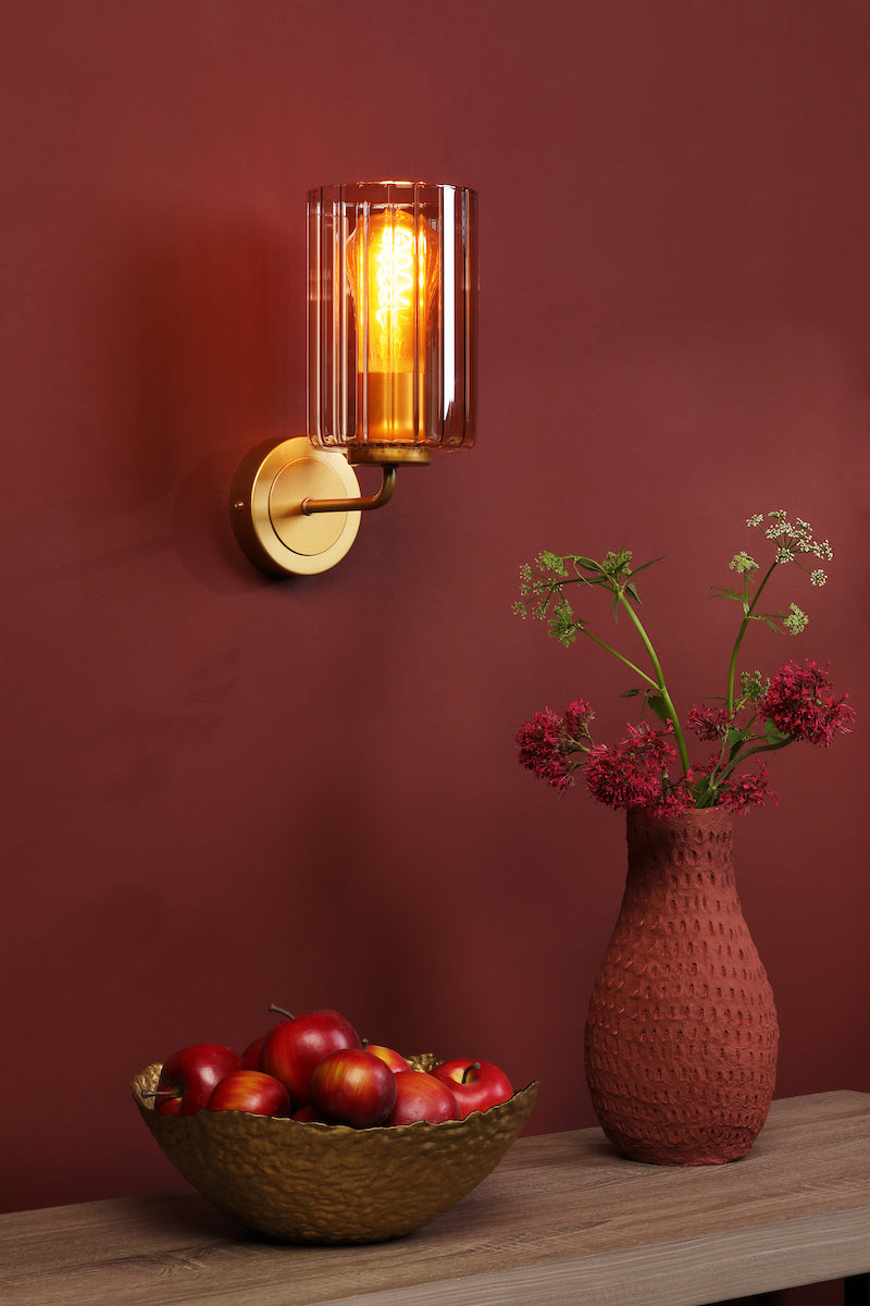 Dar Daylin Wall Light Satin Gold and Amber Ribbed Glass