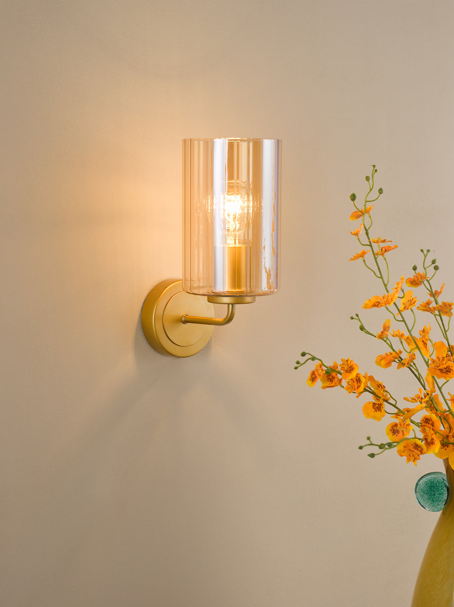Dar Daylin Wall Light Satin Gold and Amber Ribbed Glass