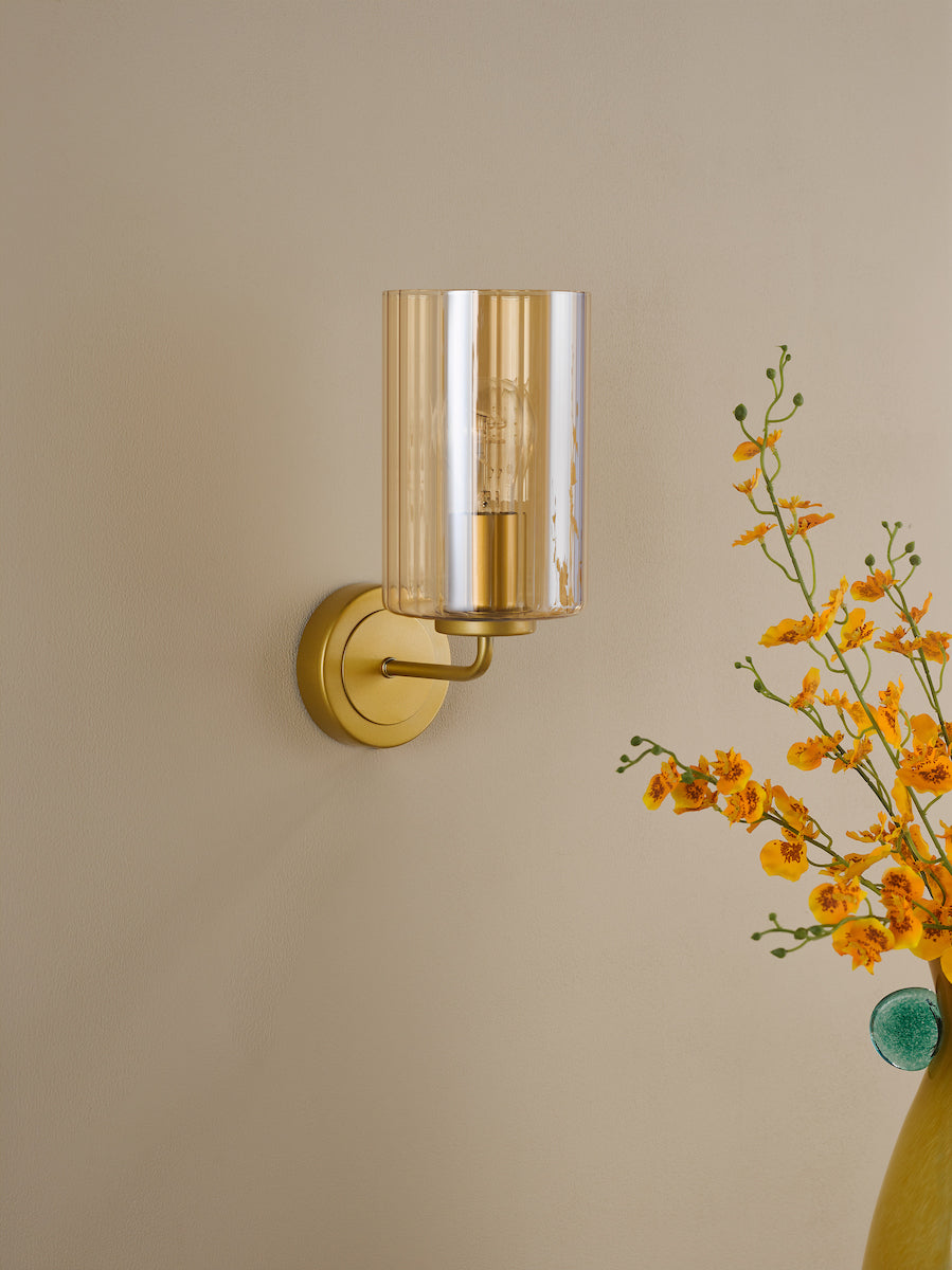 Dar Daylin Wall Light Satin Gold and Amber Ribbed Glass