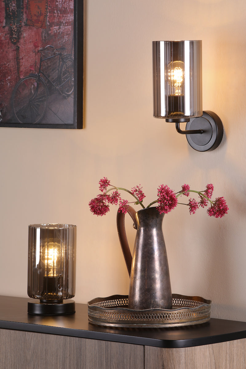 Dar Daylin Table Lamp Satin Black and Smoked Ribbed Glass