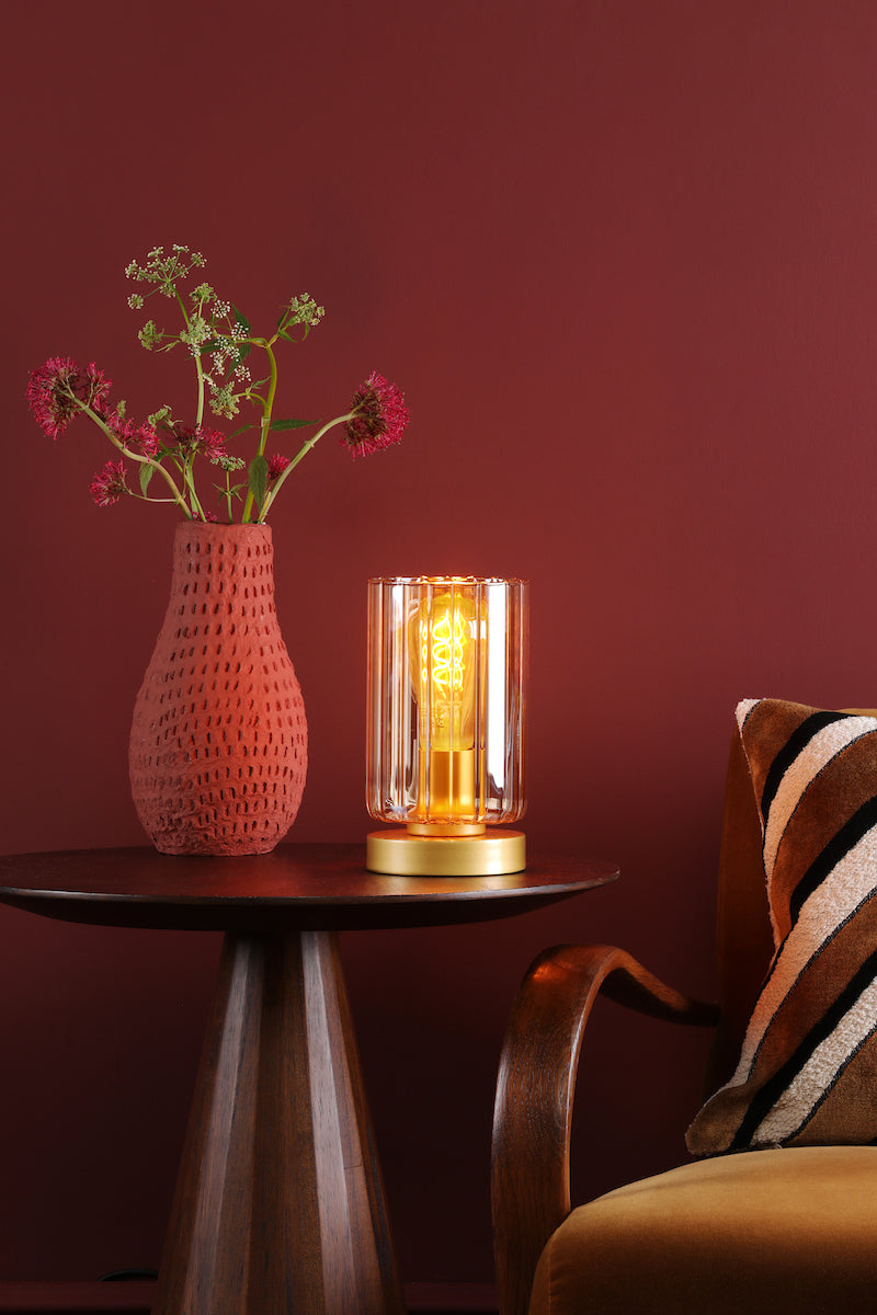 Dar Daylin Table Lamp Satin Gold and Amber Ribbed Glass