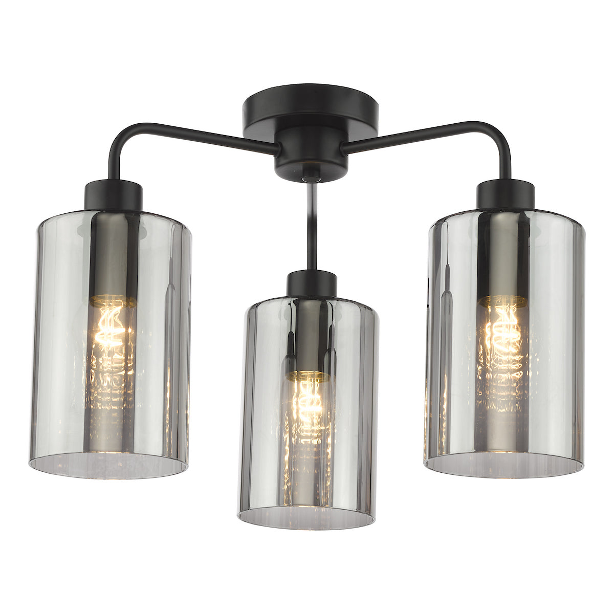 Dar Daylin 3 Light Semi-Flush Satin Black and Smoked Ribbed Glass
