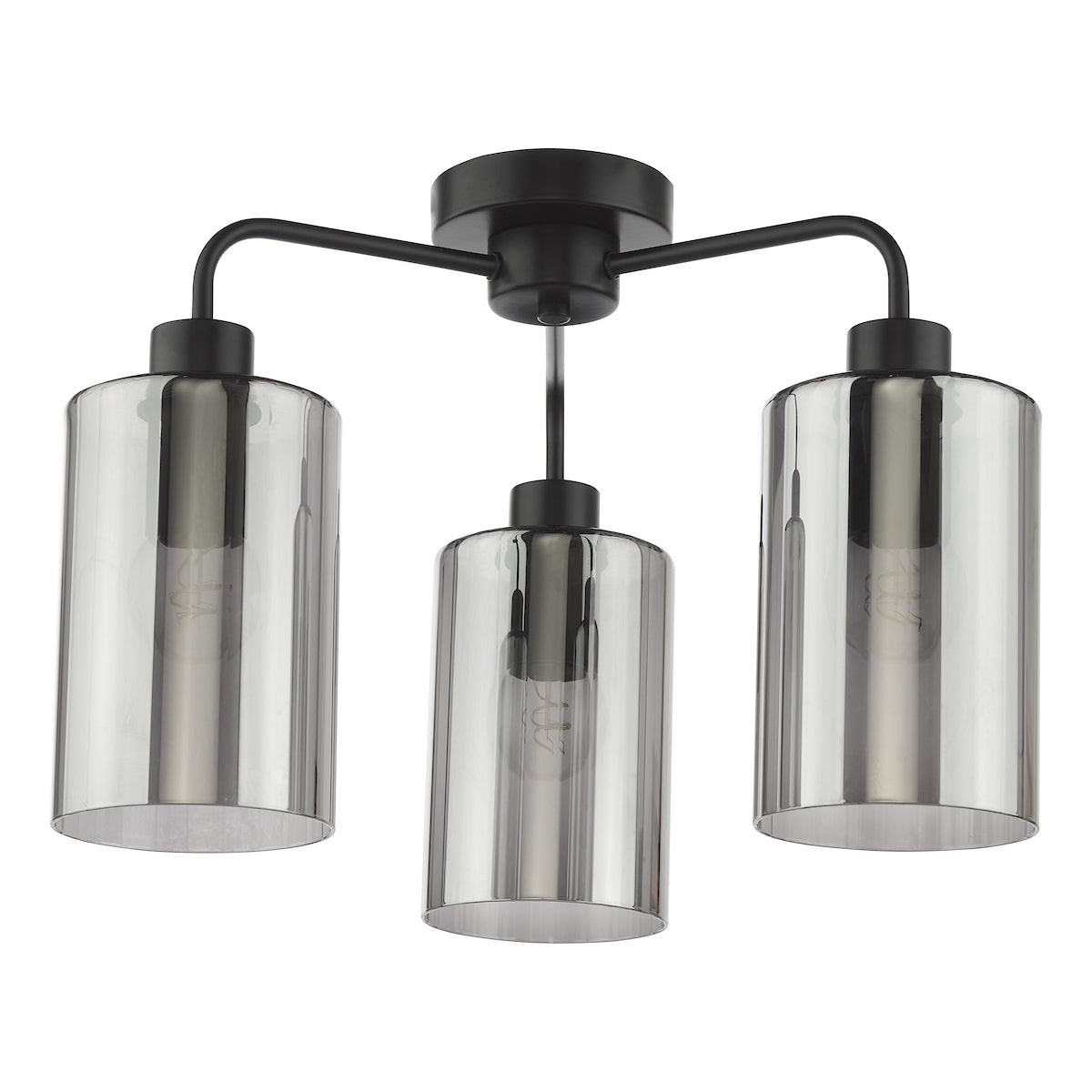Dar Daylin 3 Light Semi-Flush Satin Black and Smoked Ribbed Glass
