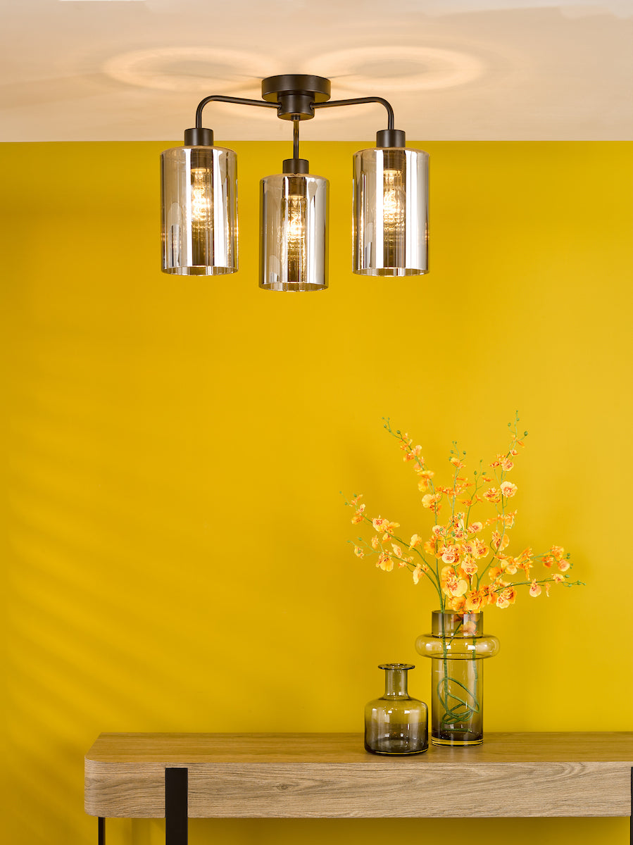 Dar Daylin 3 Light Semi-Flush Satin Black and Smoked Ribbed Glass
