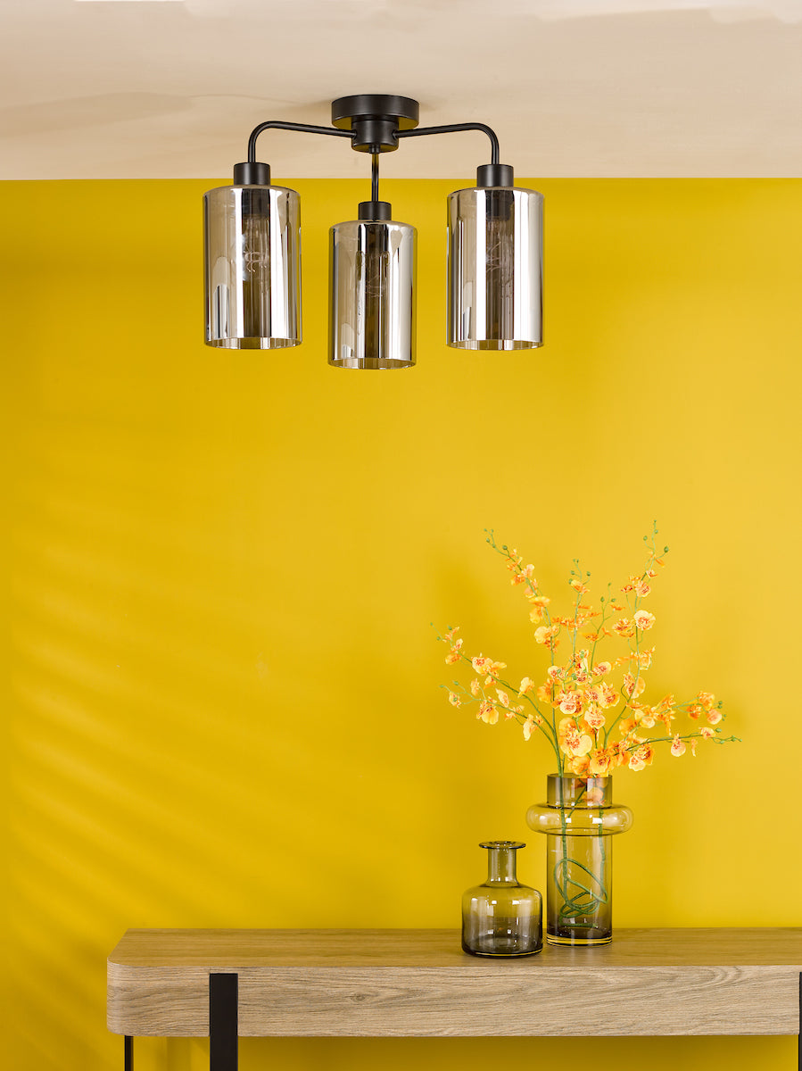 Dar Daylin 3 Light Semi-Flush Satin Black and Smoked Ribbed Glass