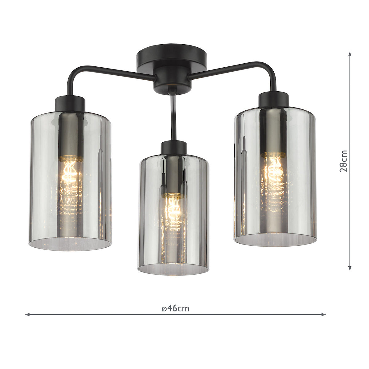 Dar Daylin 3 Light Semi-Flush Satin Black and Smoked Ribbed Glass