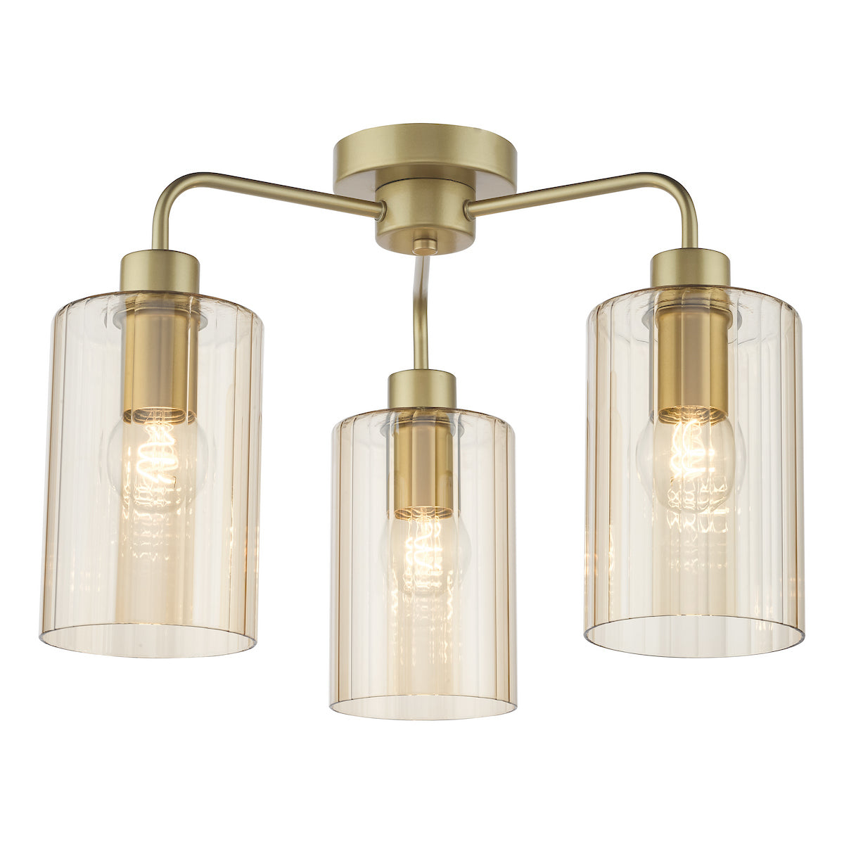 Dar Daylin 3 Light Semi-Flush Satin Gold and Amber Ribbed Glass