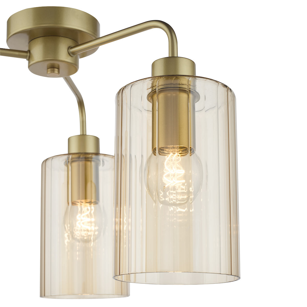 Dar Daylin 3 Light Semi-Flush Satin Gold and Amber Ribbed Glass
