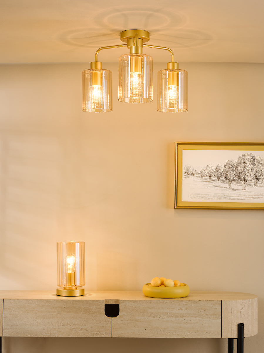 Dar Daylin 3 Light Semi-Flush Satin Gold and Amber Ribbed Glass