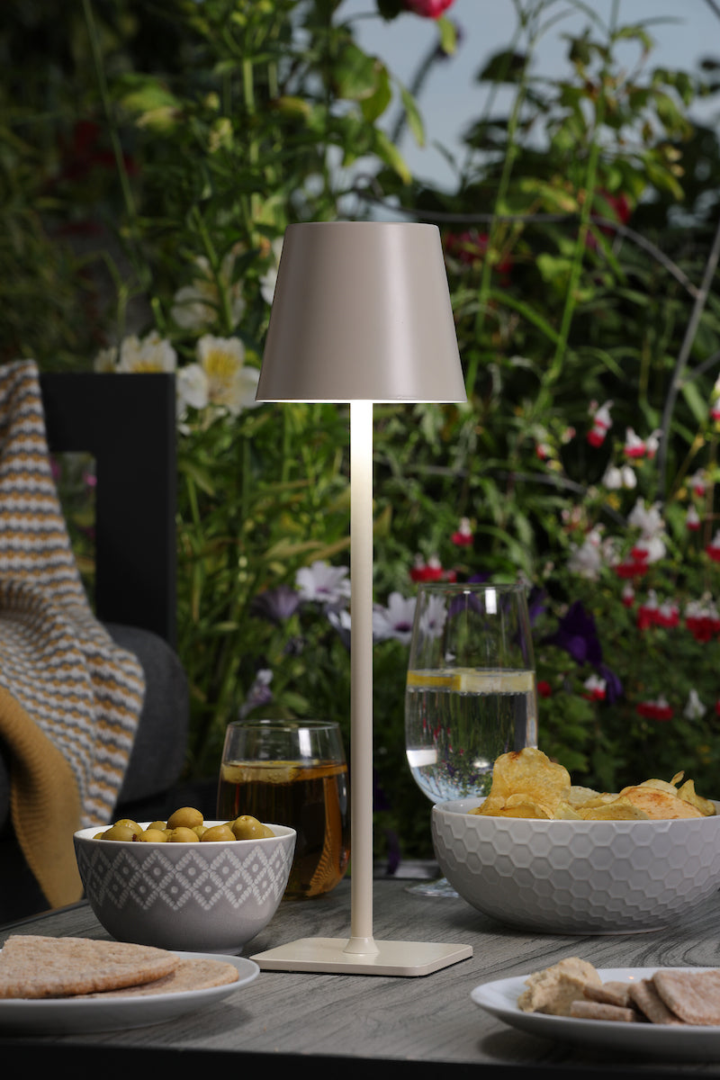 Dar Derrick Rechargeable Outdoor Table Lamp Satin Taupe LED IP54