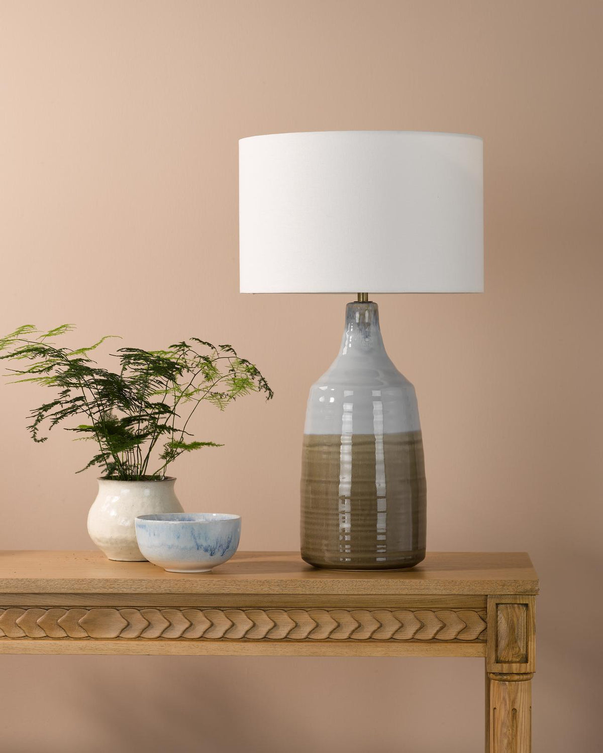 Dar Desirus Table Lamp Blue Ceramic and Antique Brass With Ivory Drum Shade