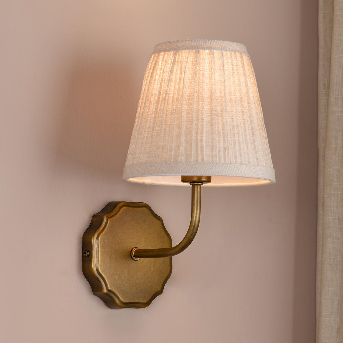 Dar Dijon Wall Light Antique Bronze With Natural Linen Pleated Shades