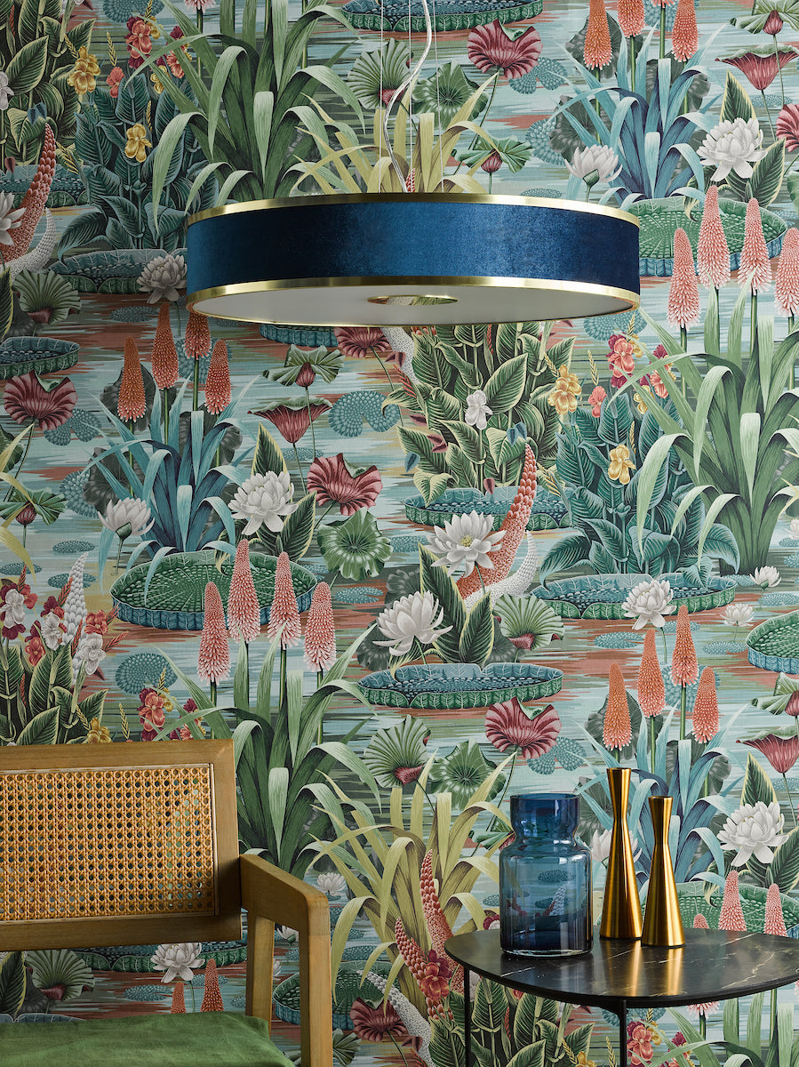 Dar Alvaro 6 Light Pendant Brushed Brass With Blue Shade – from Amos Lighting + Home