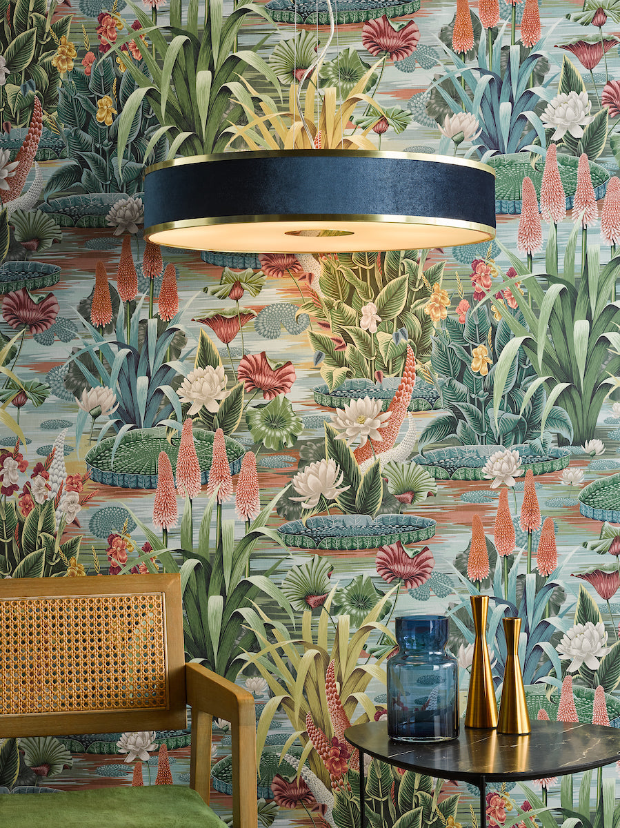 Dar Alvaro 6 Light Pendant Brushed Brass With Blue Shade – from Amos Lighting + Home