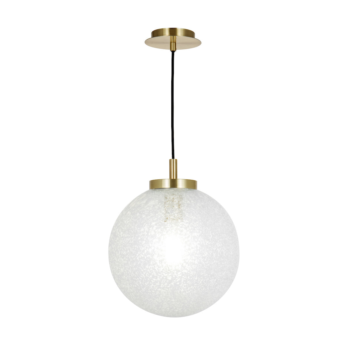Dar Avari pendant light with frosted glass globe and satin brass fixture hanging on black cord