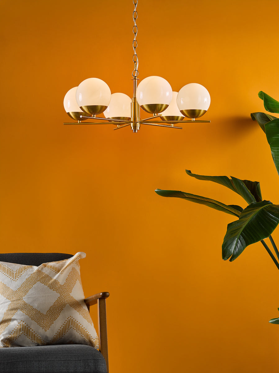 Dar Bombazine 6 Light Pendant Natural Brass and Opal Glass – from Amos Lighting + Home