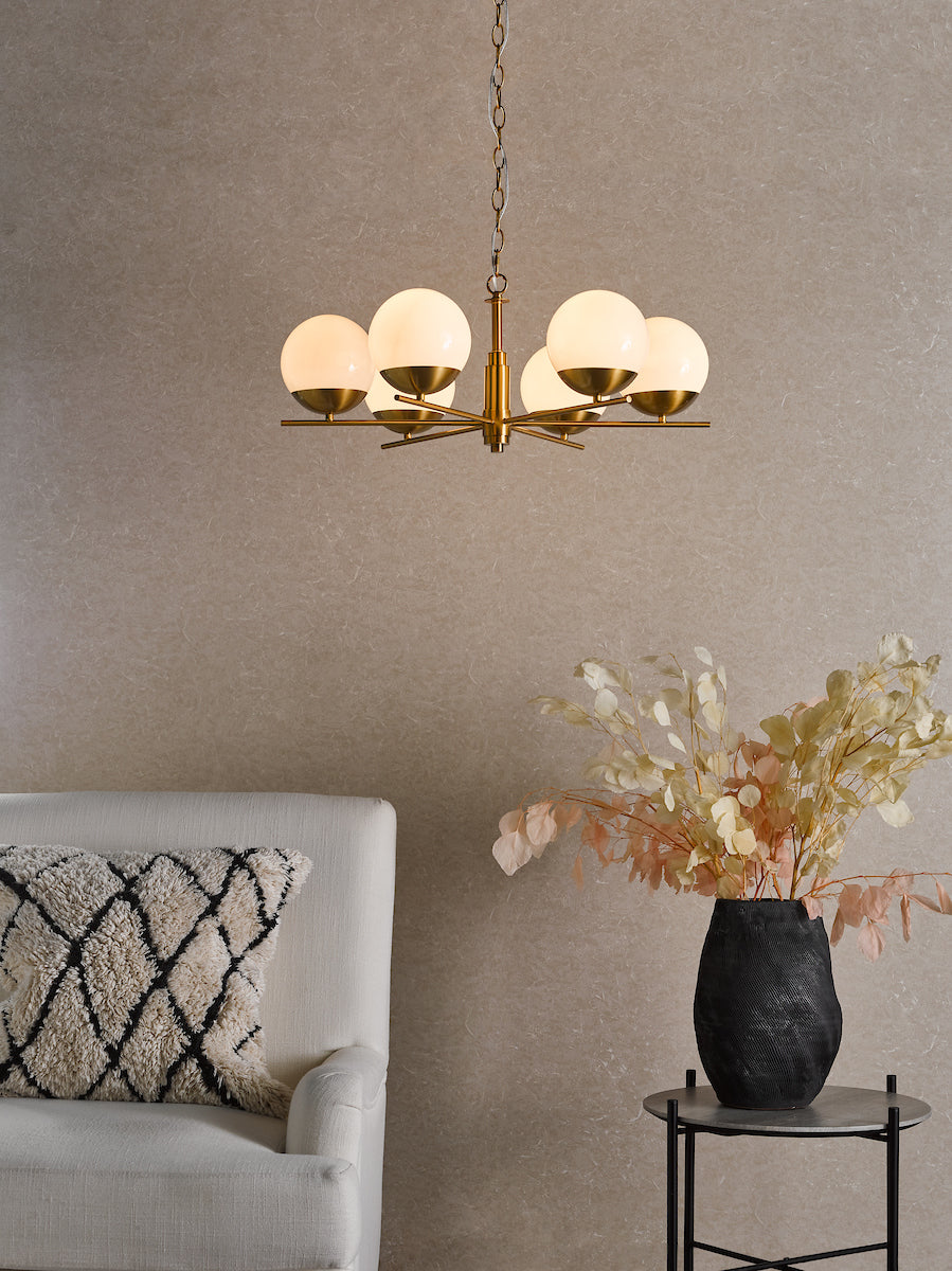 Dar Bombazine 6 Light Pendant Natural Brass and Opal Glass – from Amos Lighting + Home