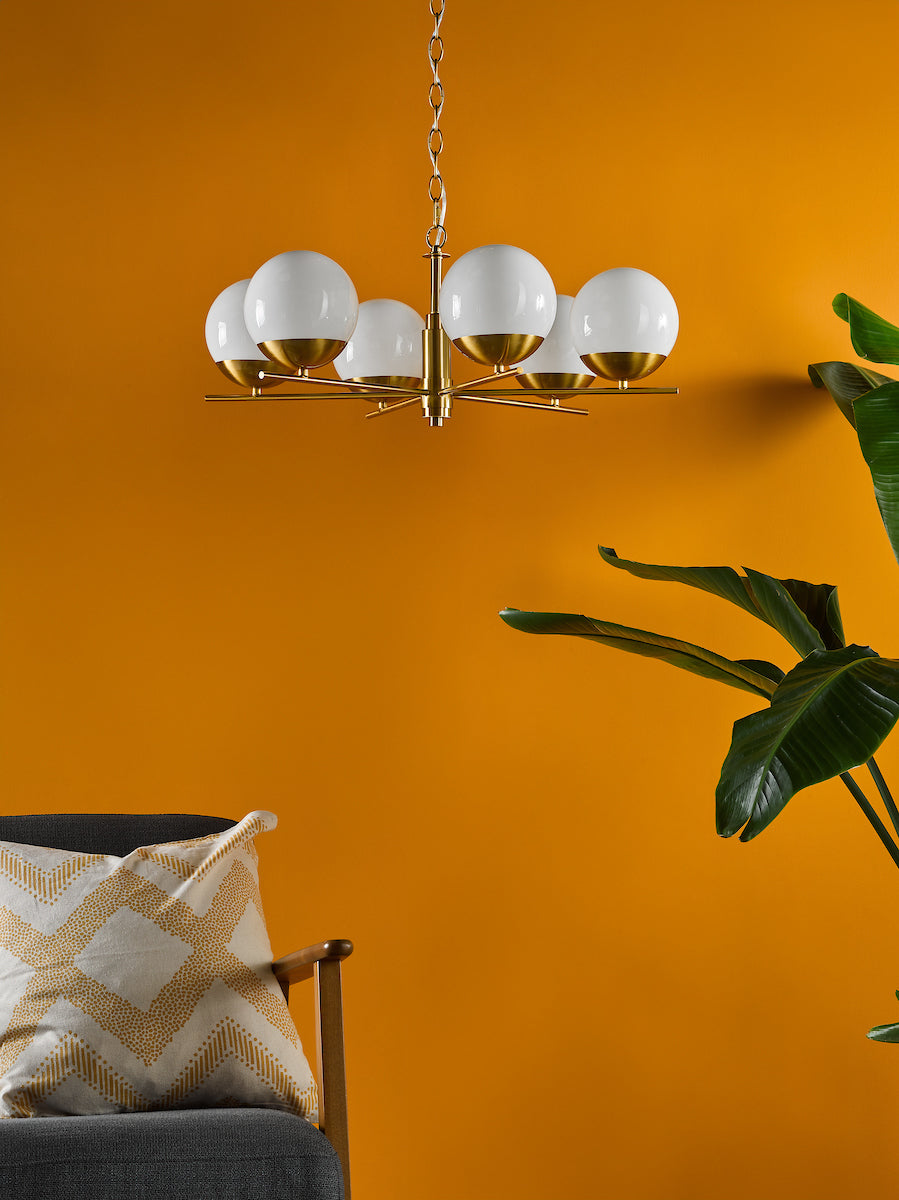 Dar Bombazine 6 Light Pendant Natural Brass and Opal Glass – from Amos Lighting + Home