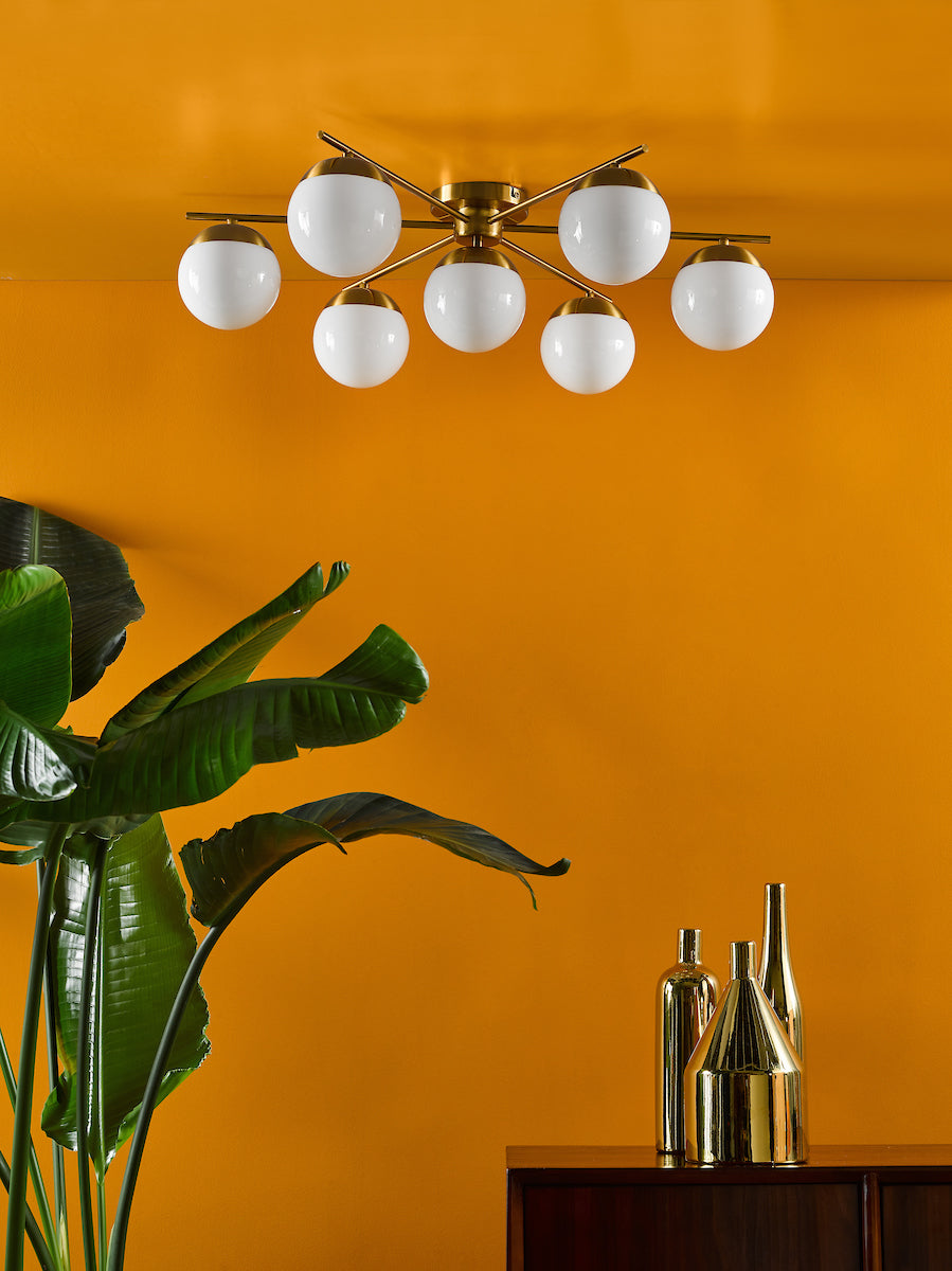 Dar Bombazine 7 Light Semi-Flush Natural Brass and Opal Glass – from Amos Lighting + Home