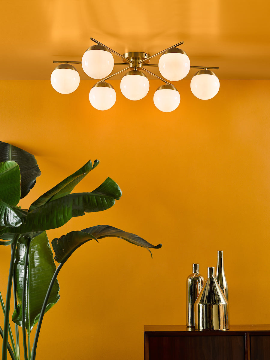 Dar Bombazine 7 Light Semi-Flush Natural Brass and Opal Glass – from Amos Lighting + Home