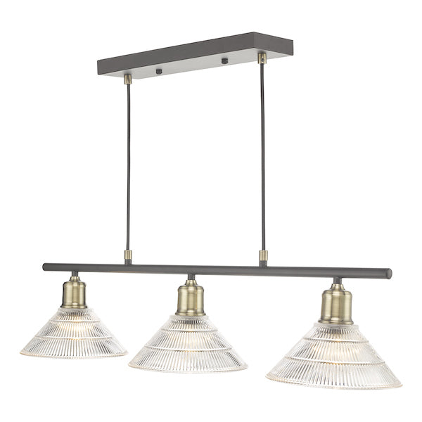 Dar Boyd 3 Light Bar Pendant Antique Brass & Prismatic Glass – from Amos Lighting + Home