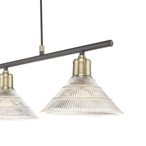 Dar Boyd 3 Light Bar Pendant Antique Brass & Prismatic Glass – from Amos Lighting + Home