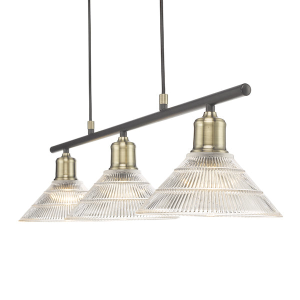 Dar Boyd 3 Light Bar Pendant Antique Brass & Prismatic Glass – from Amos Lighting + Home