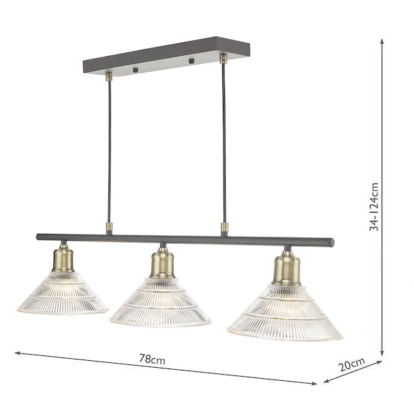 Dar Boyd 3 Light Bar Pendant Antique Brass & Prismatic Glass – from Amos Lighting + Home
