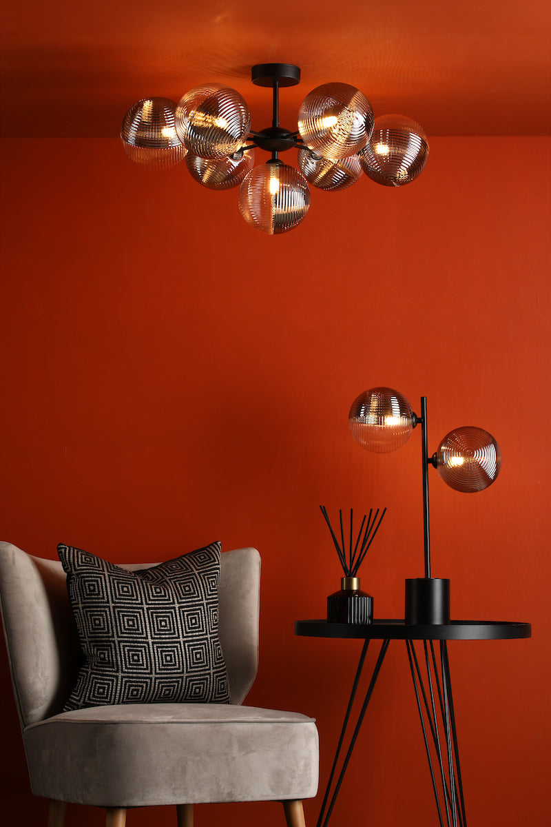 Dar Cohen 7 Light Semi-Flush Matt Black & Smoked/Clear Ribbed Glass – from Amos Lighting + Home